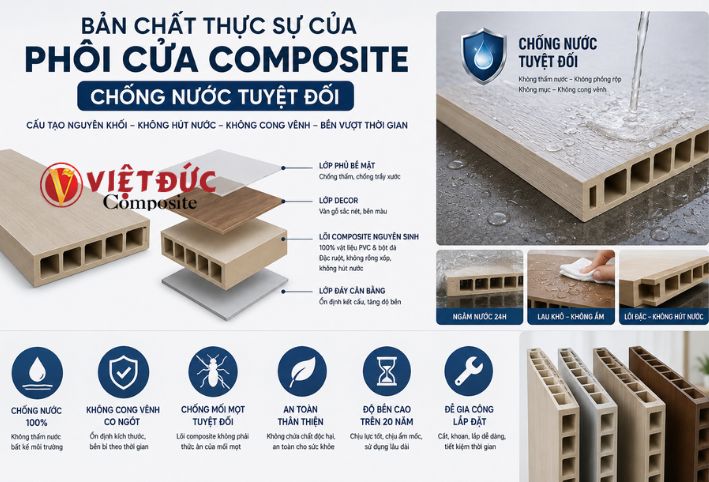 Bản chất cấu tạo và đặc tính chống nước tuyệt đối của phôi cửa nhựa gỗ composite
