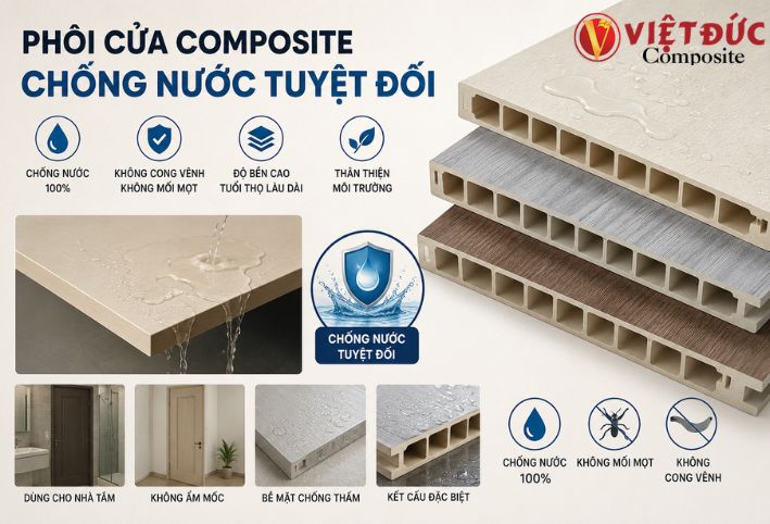 Đặc tính chống nước 100% vượt trội của phôi cửa nhựa gỗ composite Phôi cửa nhựa gỗ composite chống nước tuyệt đối cho mọi không gian