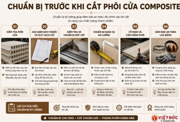 Công đoạn chuẩn bị vật liệu và máy móc trước khi cắt phôi cửa nhựa gỗ composite
