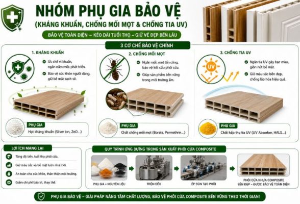 Nhóm phụ gia bảo vệ kháng khuẩn, chống mối mọt và chống tia UV cho phôi cửa nhựa composite
