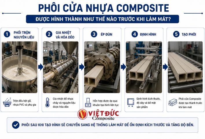 Quy trình hình thành phôi cửa nhựa gỗ composite trước giai đoạn làm mát
